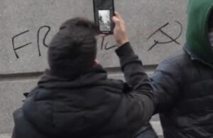 Pro-Palestinian Protesters in New York City Vandalize Abe Lincoln Statue with Communist Symbol | The Gateway Pundit