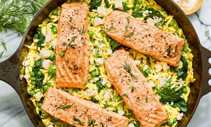 This RD’s Go-To Lemony Salmon Orzo Recipe Has 34 Grams Of Protein